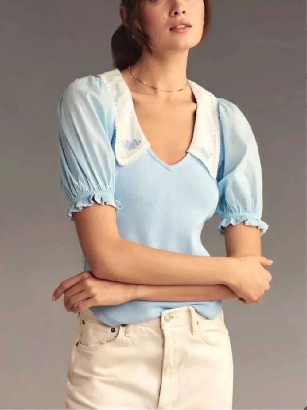 Anthropologie Puff Sleeve Collared Blouse Women’s XS Blue Floral Embroidered